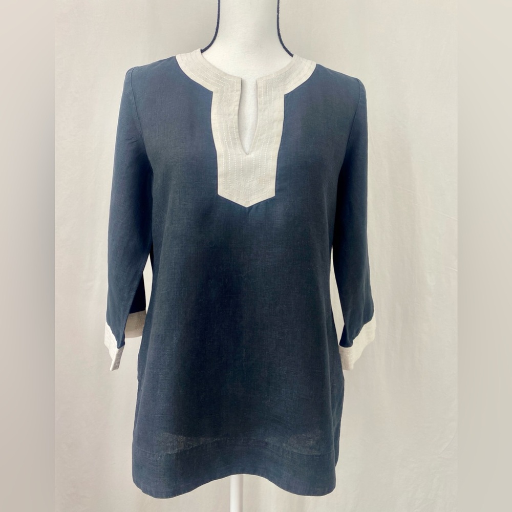 Jones New York Signature Top Tunic 100% Linen Black with Ivory White Size Small